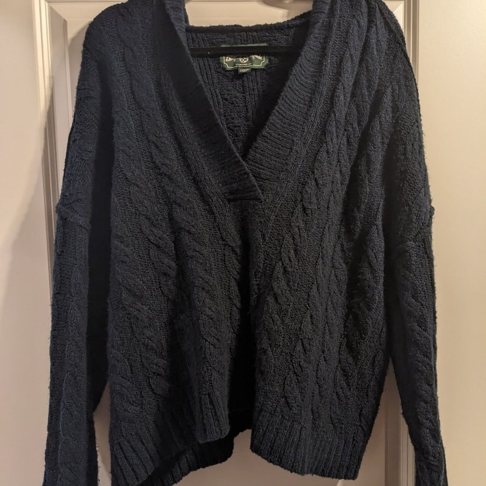 American Eagle Navy Blue Hooded V-Neck Cable Knit Sweater Womens XL